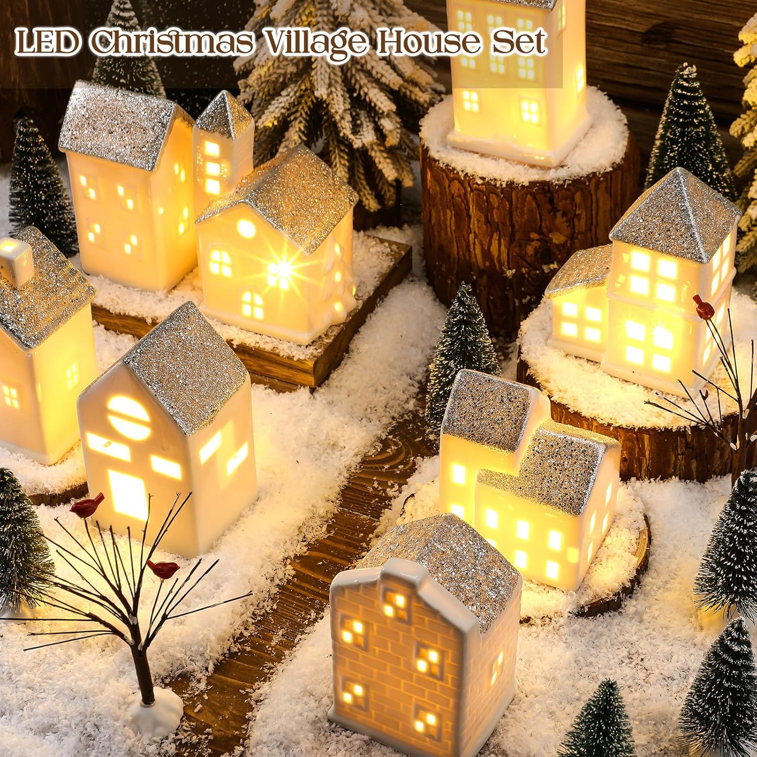 Zubebe Christmas Village Set - 30 Pcs LED Porcelain Holiday Houses | Silver Indoor Decor
