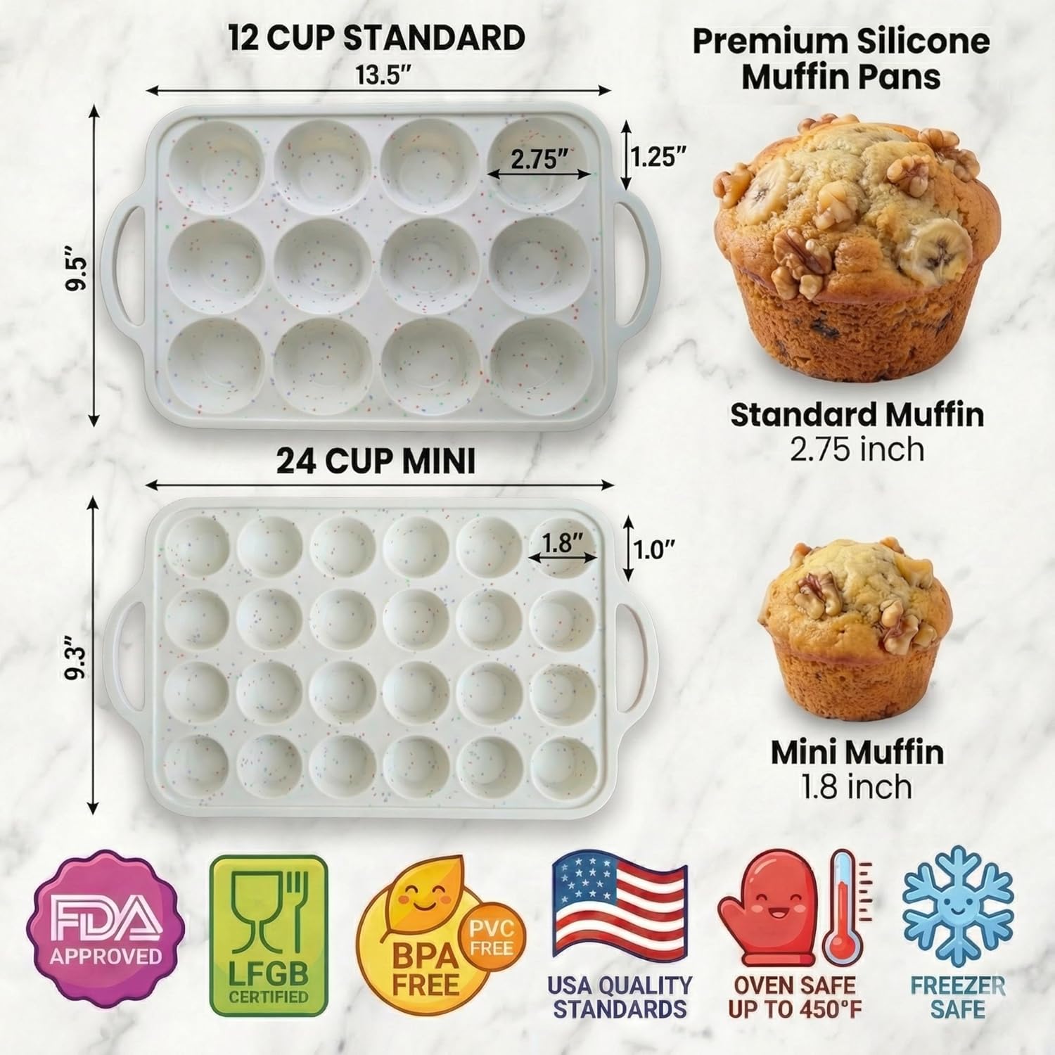 Skiennix Silicone Muffin Pan Set - 2-Pack Regular 12 Cup & Mini 24-Cup - Nonstick, BPA-Free, Dishwasher-Safe, Cream