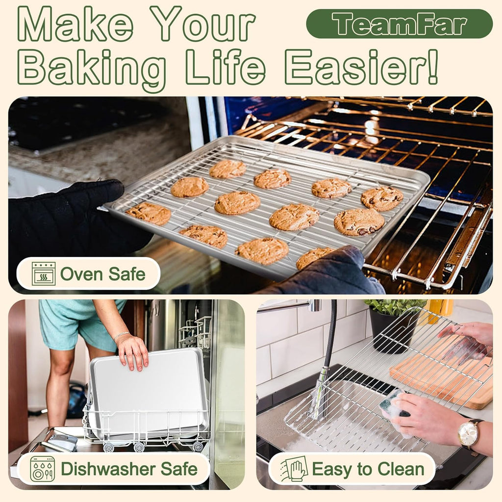 TeamFar Baking Sheet Set - 3 Stainless Steel Cookie Sheets with Racks | Non-Toxic, Dishwasher Safe, 16/12.5/10.5 Inch