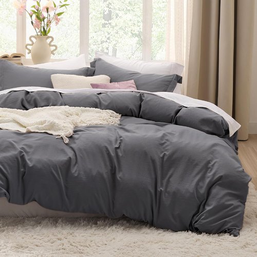 Bedsure Charcoal Grey Duvet Cover Set | Soft 3-Piece Queen Size with Zipper Closure - 90x90 Inches