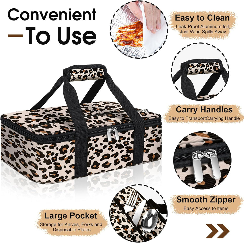 Skiennix Insulated Casserole Carrier - Portable Hot & Cold Food Tote Bag | Fits 9" x 13" Dish - Leopard Print