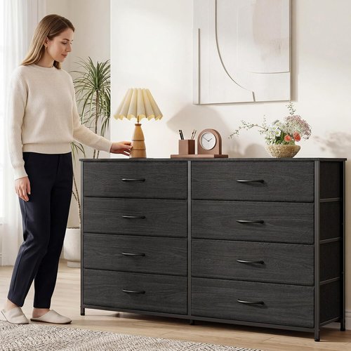 Furnulem Wide Dresser - 8 Fabric Drawers & Wood Top - Stylish Storage for 55'' TV | Black Oak