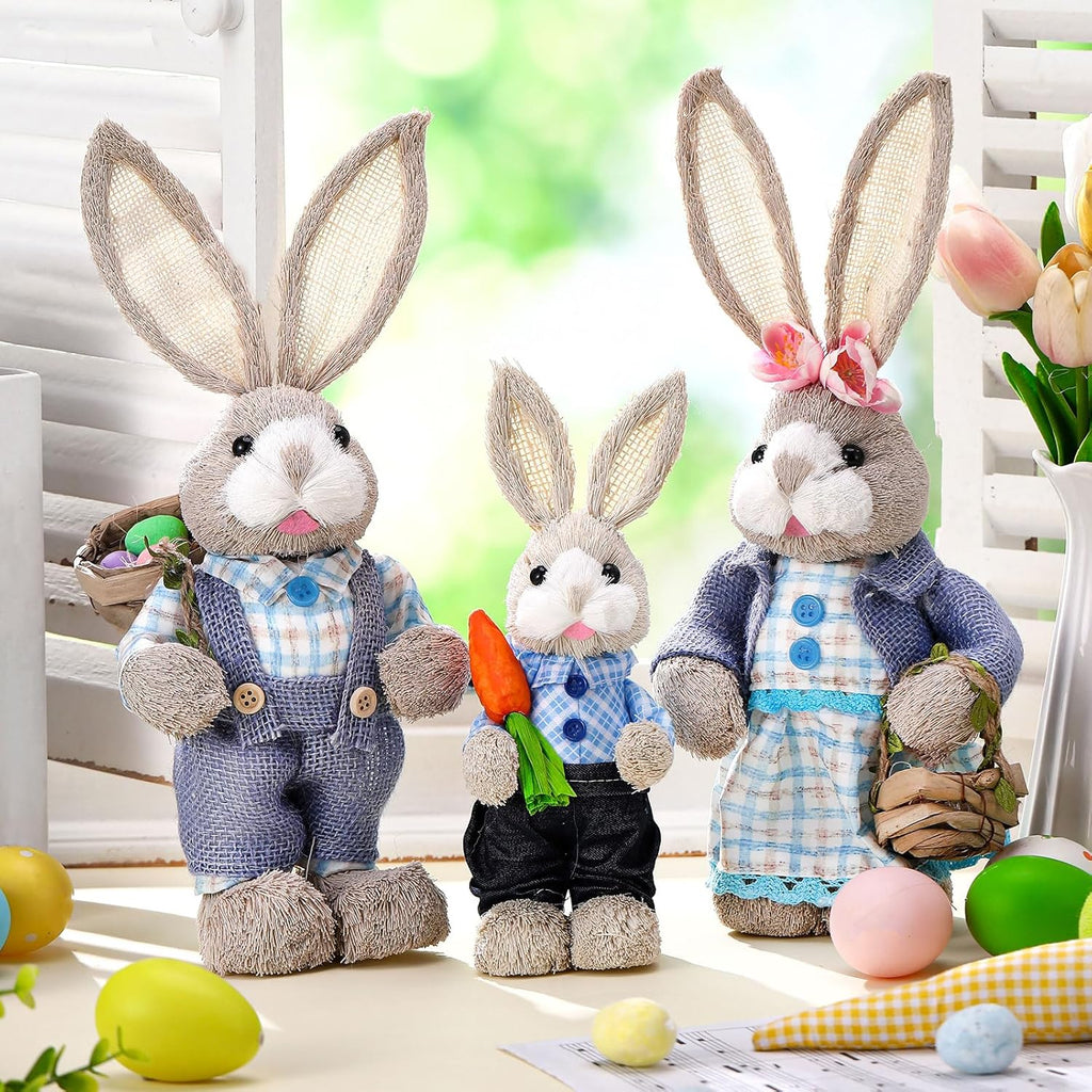 Wesiti Easter Bunny Decorations - Set of 3 Natural Sisal Straw Figurines | 13.8" & 9.8" Tabletop Statues