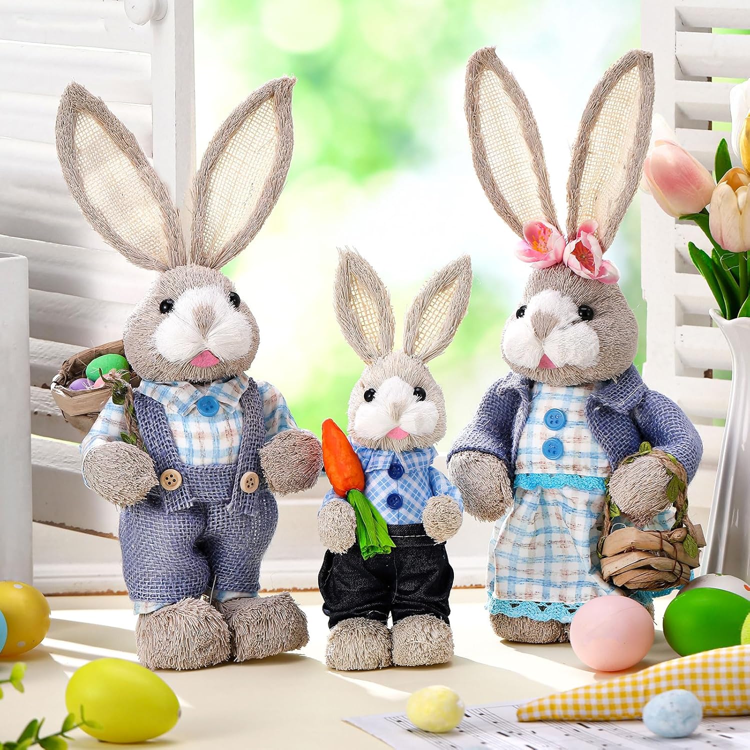 Wesiti Easter Bunny Decorations - Set of 3 Natural Sisal Straw Figurines | 13.8" & 9.8" Tabletop Statues