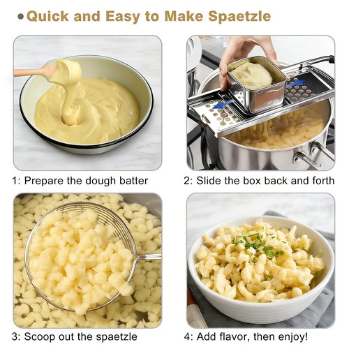 Spaetzle Maker, METLUCK Premium Stainless Steel Spaetzle Maker with Strainer Skimmer, Restaurant Quality, Dishwasher Safe, Homemade Spaetzle Noodle Maker with Comfort Handle for Pots Up to 30 CM