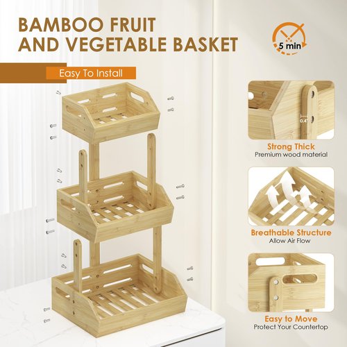 JANSNIMEN 3 Tier Bamboo Fruit Basket, Fruit Basket for Kitchen Counter Fruit Bowl Fruit and Vegetable Storage, Fruit Bowl for Onion Potato Bread Snack Organizer and Kitchen Decor