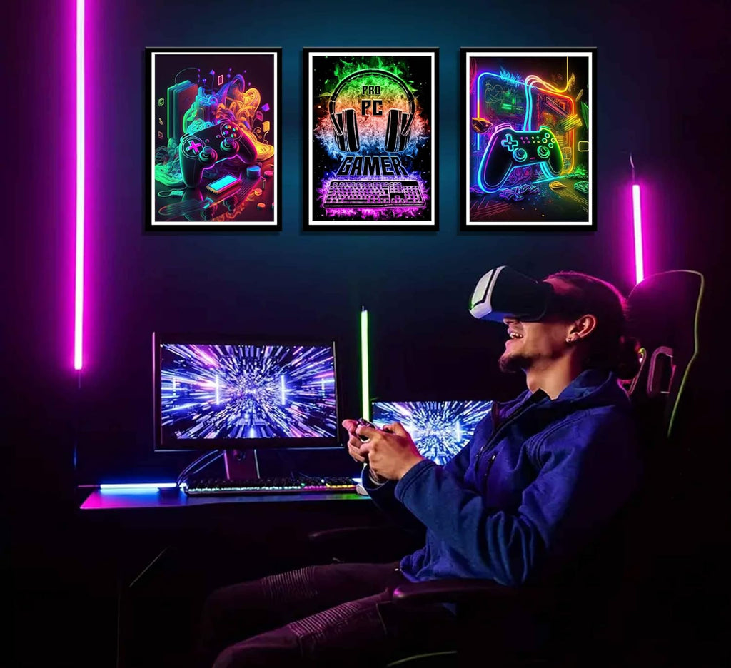 Skiennix Retro Video Gamer Wall Art - Colorful Neon Canvas Prints | 3-Piece Set for Boys' Room (16x24in)
