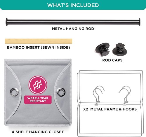 HOLDN’ STORAGE Hanging Closet Organizer - Heavy-Duty 4-Shelf Unit with Garment Rod, Grey