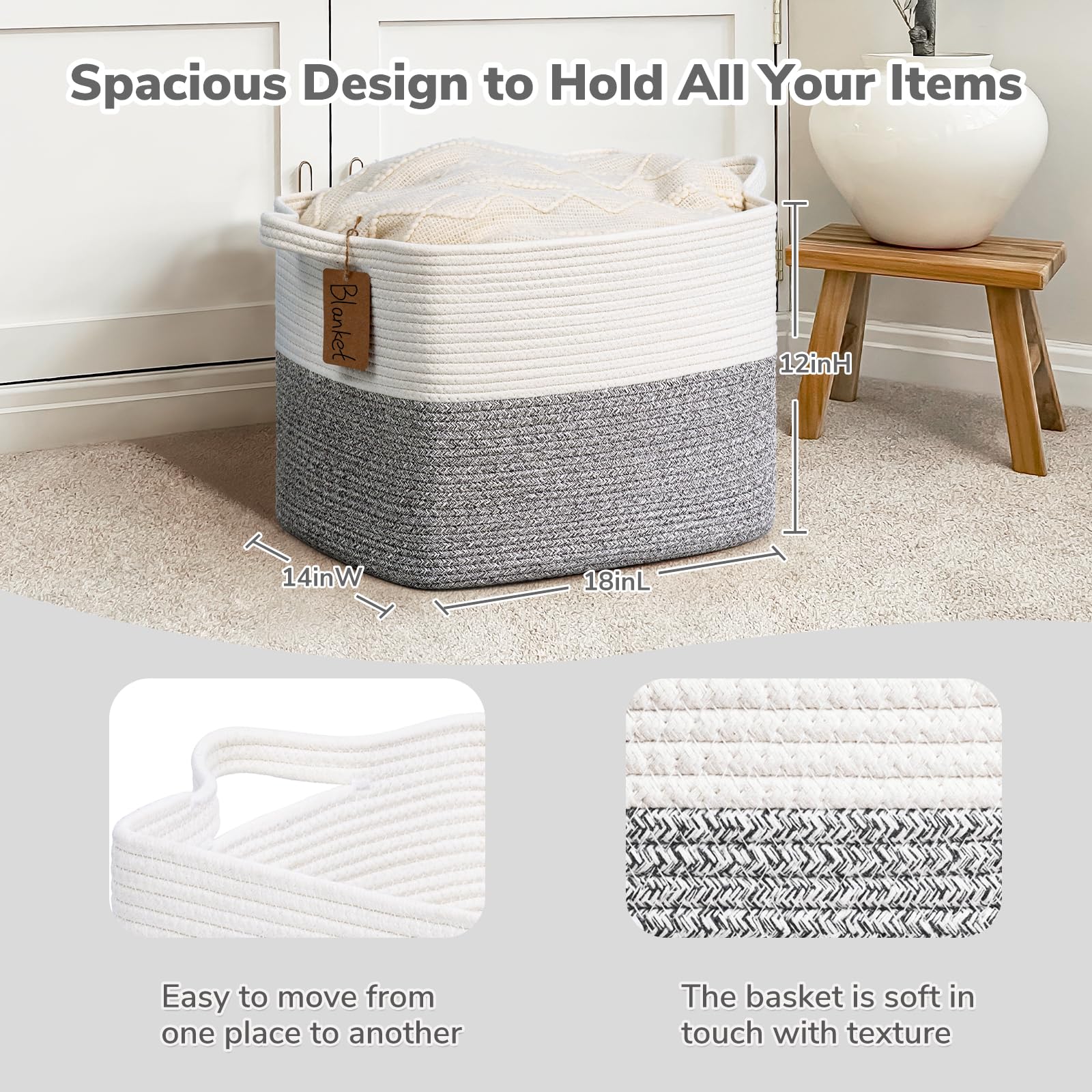 Goodpick Woven Storage Basket, Cotton Rope Baskets with Handles, Toy Baskets Storage Kids, Blanket Basket for Living Room, Bedroom, Gray and White, 18 x 14 x 12 Inches
