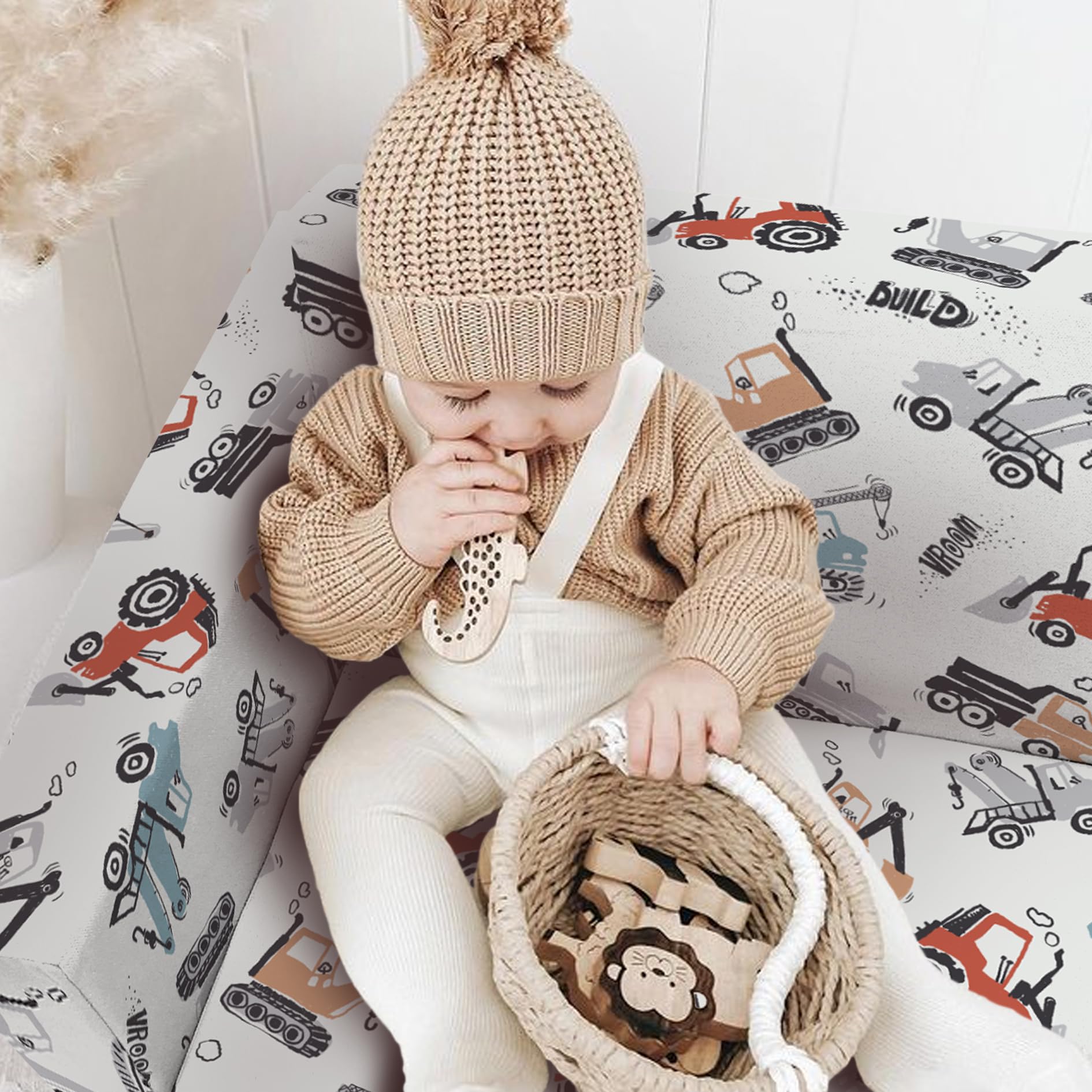 fond + found Kids Sofa Couch, Children's 2 in 1 Convertible Sofa to Lounger - Extra Soft Flip Open Chair & Sleeper, Truck Excavator Car Printed Toddler Chairs Kids ouch Bed for Boys Girls