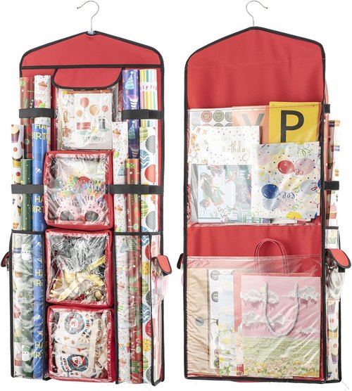 Christmas Wrapping Paper Organizer - Double-Sided Gift Bag Storage Holder | Red Color
