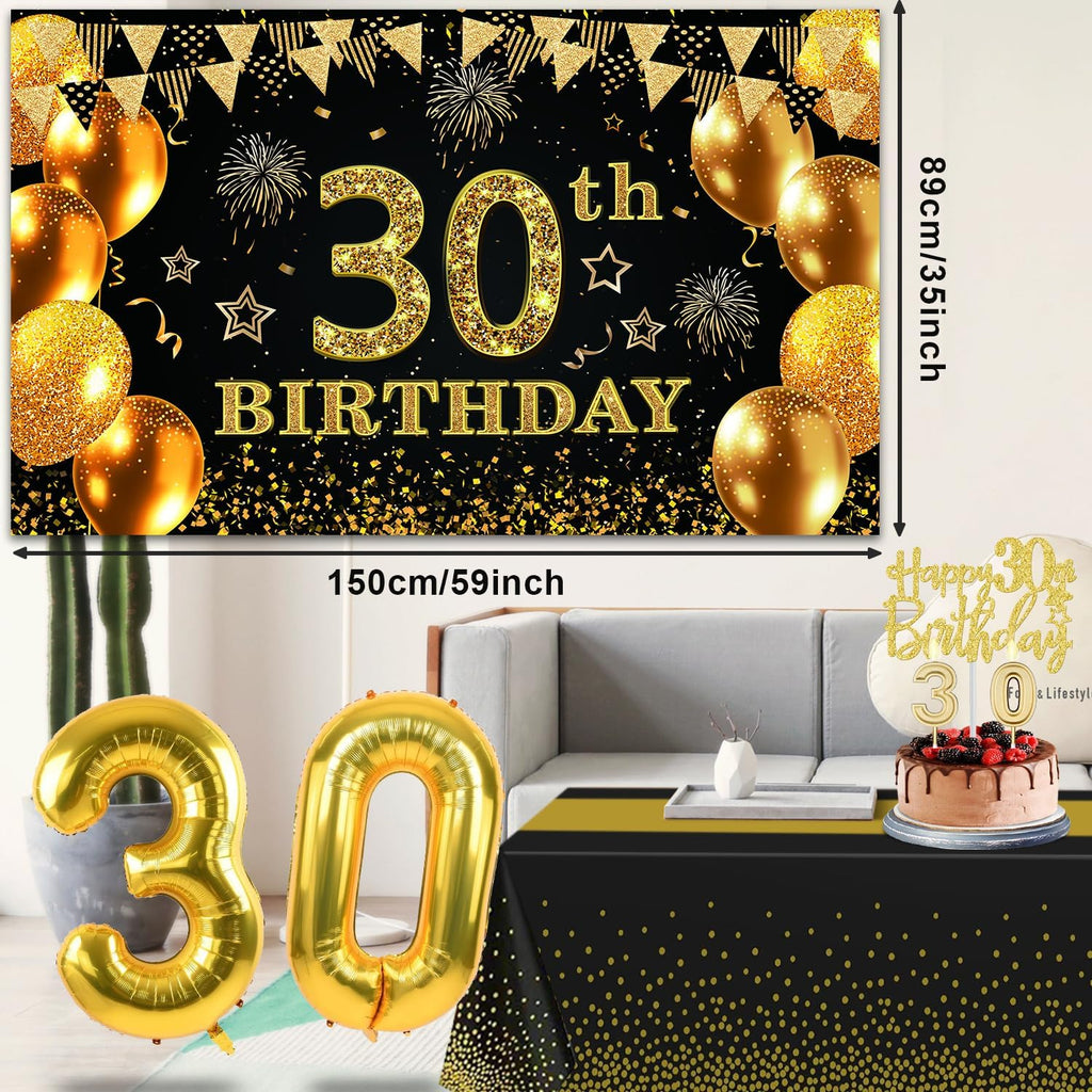 Regine Switzerland 30th Birthday Decorations - Black & Gold Banner, Table Cloth, Balloons & Cake Topper