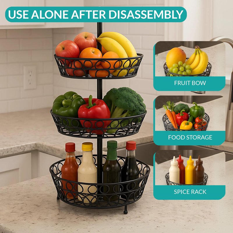 SDZOREN Large 3-Tier Fruit Basket for Kitchen Counter – Easy to Assemble, Antique Black, Stackable Fruit and Vegetable Storage Bowl (3 Layers)