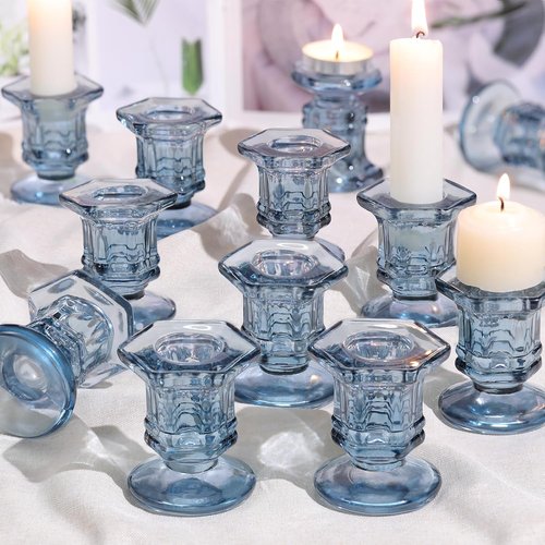 Blue Candlestick Holders - 12 Pcs Glass Candle Holders Set | Crystal Taper Candle Holders for Weddings & Home Decor
