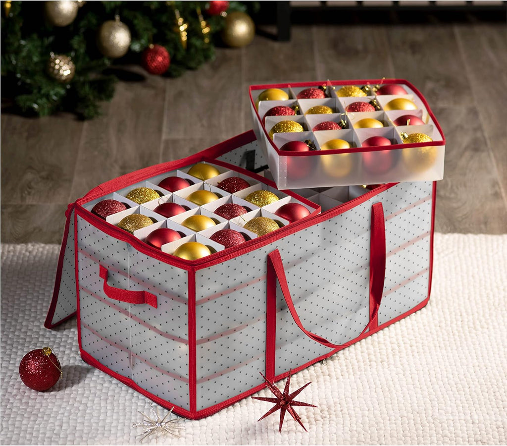 ZOBER Christmas Ornament Storage Box - Holds 128 Ornaments with Dual Zipper - Red Plastic Containers (Pack of 2)