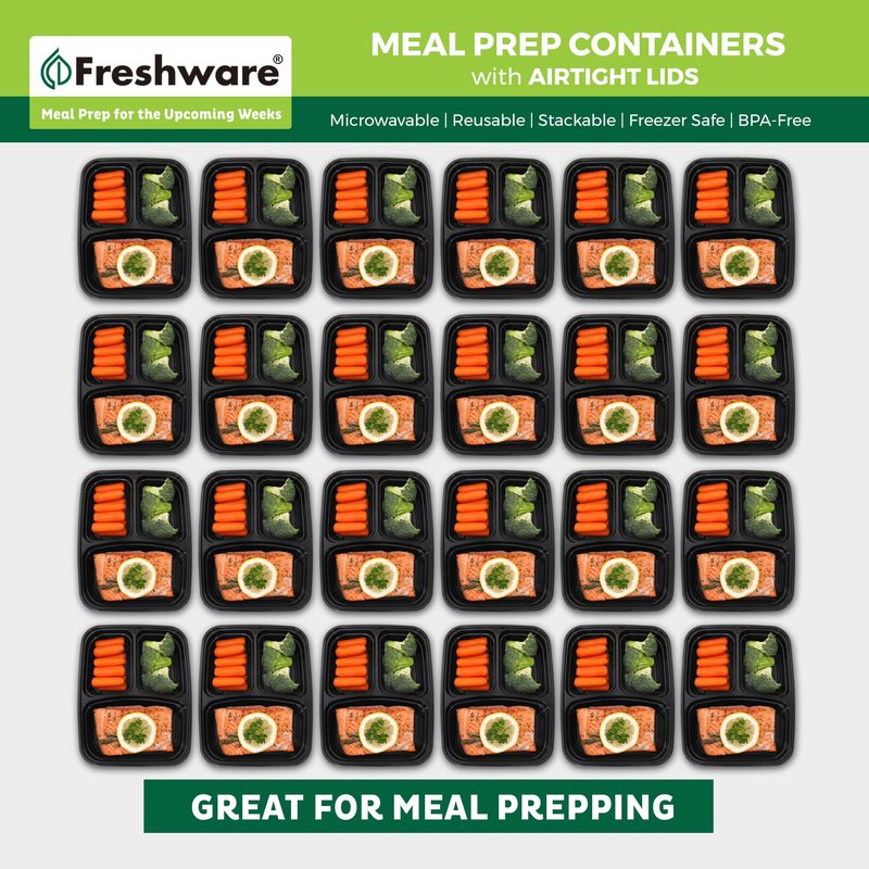 Freshware Bento Box Meal Prep Containers, 3-Compartment, 32 ounce, 15-Pack