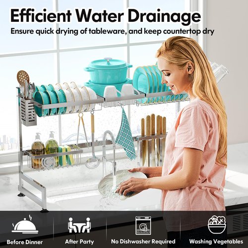 MAJALiS Over Sink Dish Drainer Drying Rack, 2 Tier Stainless Steel Dish Rack Over Sink Sink Length Adjustable (33.5-40 in), Expandable Drainer Shelf Rack with Multifunctional Organizers, Sliver