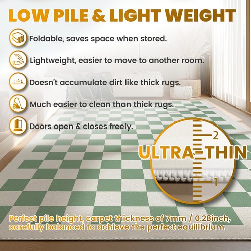 JROSING Washable Checkered Rug, 5x7 Sage Green Checkerboard Modern Foldable Large Area Rugs for Living Room, Low Pile Ultra-Thin Non-Slip Indoor Doormat Carpet for Playroom Classroom Office Bedroom