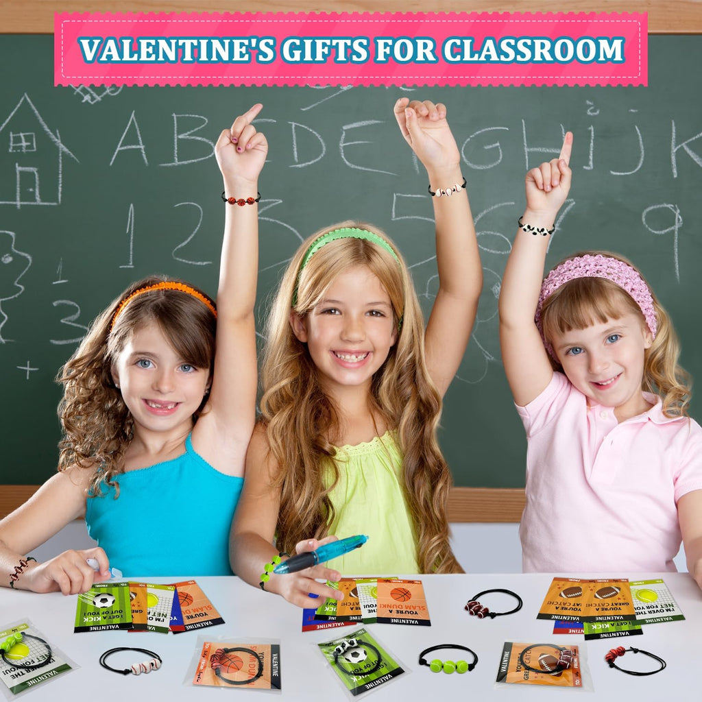 Skiennix Sports Valentine's Day Gift Cards - 30 Pack Adjustable Bracelets for Kids | Non-Candy Treats & Party Favors