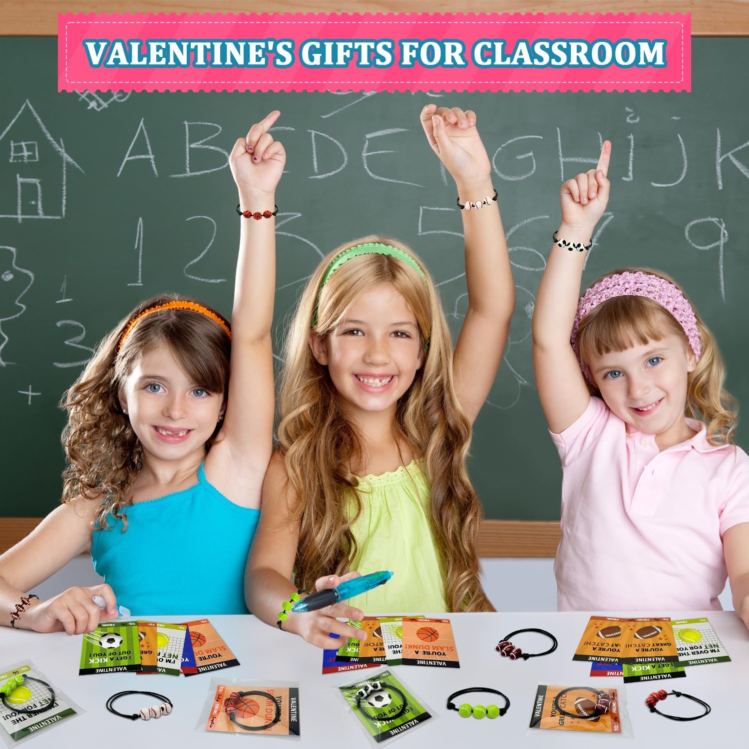 Skiennix Sports Valentine's Day Gift Cards - 30 Pack Adjustable Bracelets for Kids | Non-Candy Treats & Party Favors