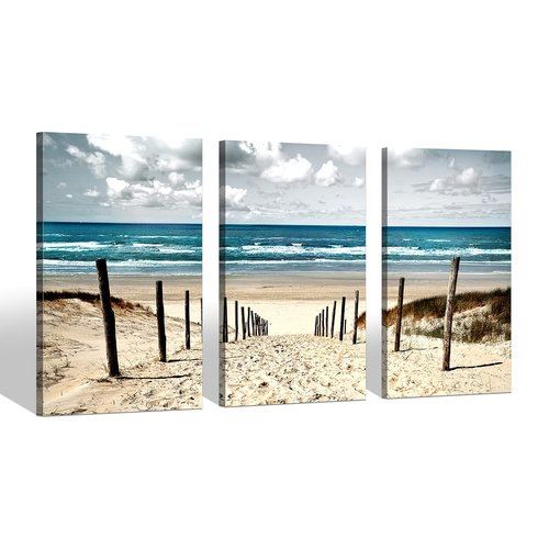 Sea Whisper Coastal Beach Wall Art Bedroom: 3 Pieces Ocean Picture Seaside Painting Print on Seascape Artwork for Living Room Bathroom Decor(16x26)
