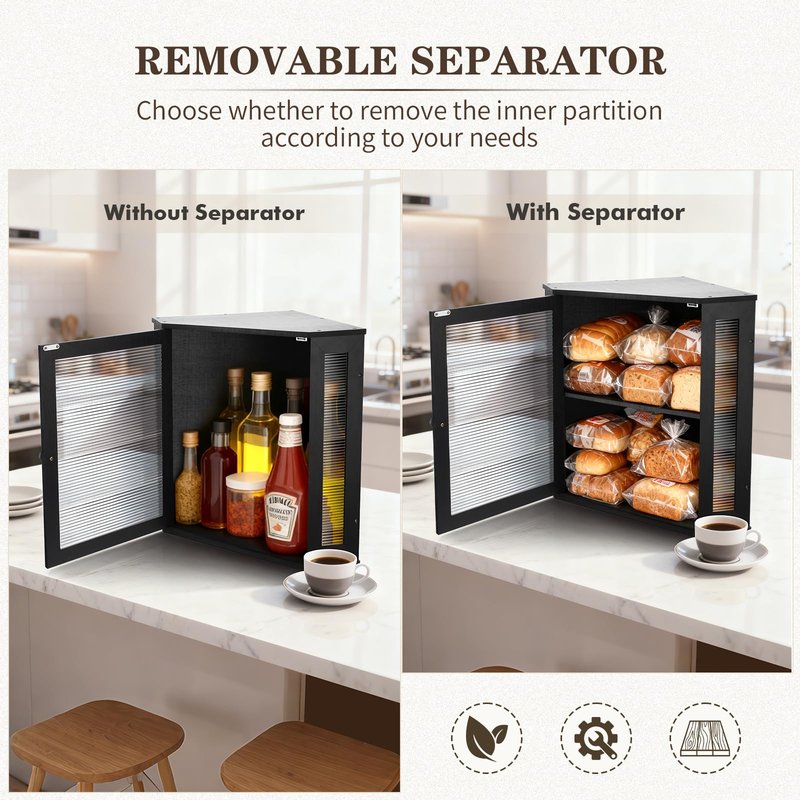 NewEle Extra Large Corner Bread Box - Bamboo Bread Box for Kitchen Countertops, Large Capacity Kitchen Bread Storage and Organizer with Corrugated Acrylic Wavy Window (Black)