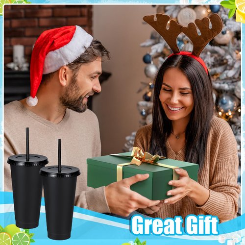 24 Pack Plastic Tumblers with Lids and Straw, Reusable Cups with Lids and Straws Colorful Cups for Cold Drink Iced Coffee, Plastic Tumbler Bulk for Party Birthday Gifts (24 oz, Stylish Colors-Black)