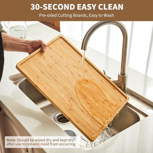 GarveeHome Bamboo Wood Cutting Boards Set of 3 with Holder – Kitchen Chopping Boards with Inner Handle and Deep Juice Groove, Ideal Serving Trays for Fruits, Meats, Cheeses, and Veggies