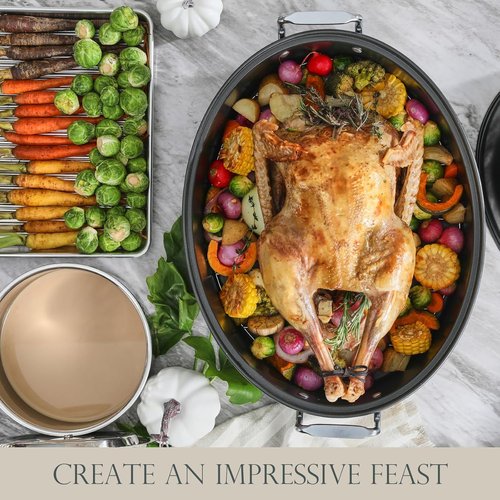 KITESSENSU Extra Large Roasting Pan - Nonstick Turkey Roaster with Rack, 18 x 14 Inch, Gray