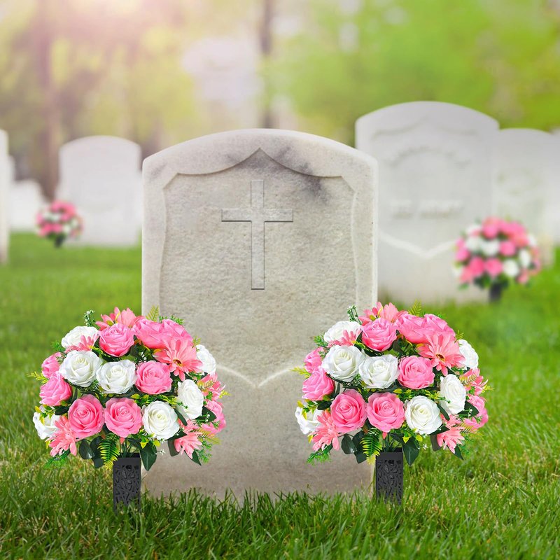 Yastouay 3 Sets Artificial Cemetery Flowers for Grave with Vase, Grave Decorations for Cemetery with Rose Carnation Flowers for Memorial Cemetery Grave Tombstone Decorations