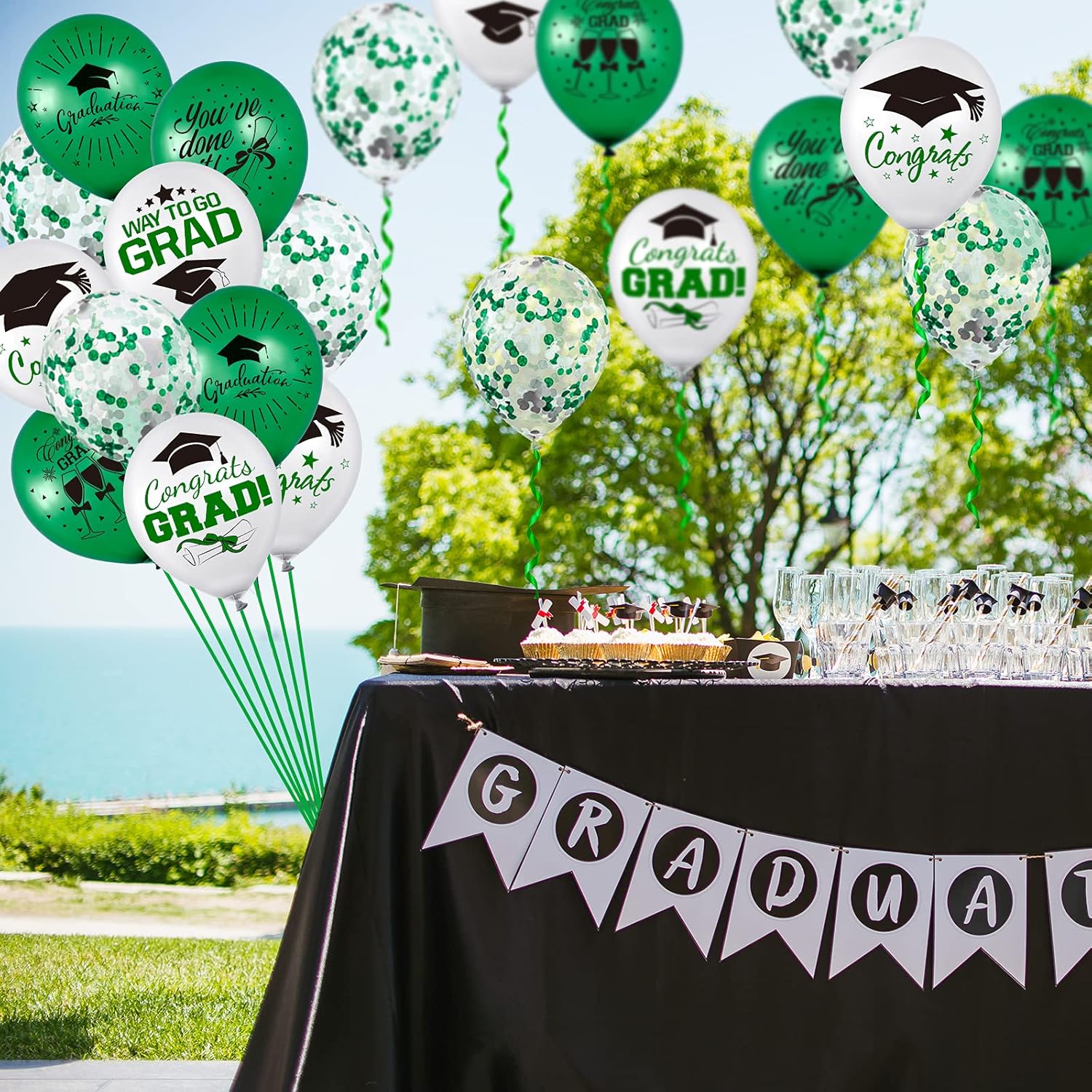 Whaline Graduation Party Balloon Set - 60 Pcs with 7 Designs, Green & White Confetti, Grad Cap Decor