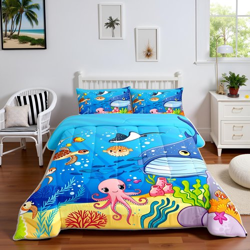 Marine Animals Comforter Set Full,Shark Octopus Turtle Coral Bedding Set,Underwater World Cartoon Quilt Set 3 Pcs for Kids Teens Adults Room Decor,Sea Blue Duvet Insert with 2 Pillowcases