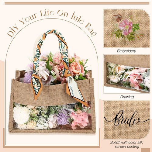 Reginary 16 Pcs Beige Trim Jute Tote Gift Bags with Clear PVC Window Natural Burlap Grocery Shopping Bag Beach Tote with Handle for Bridesmaid Wedding Travel