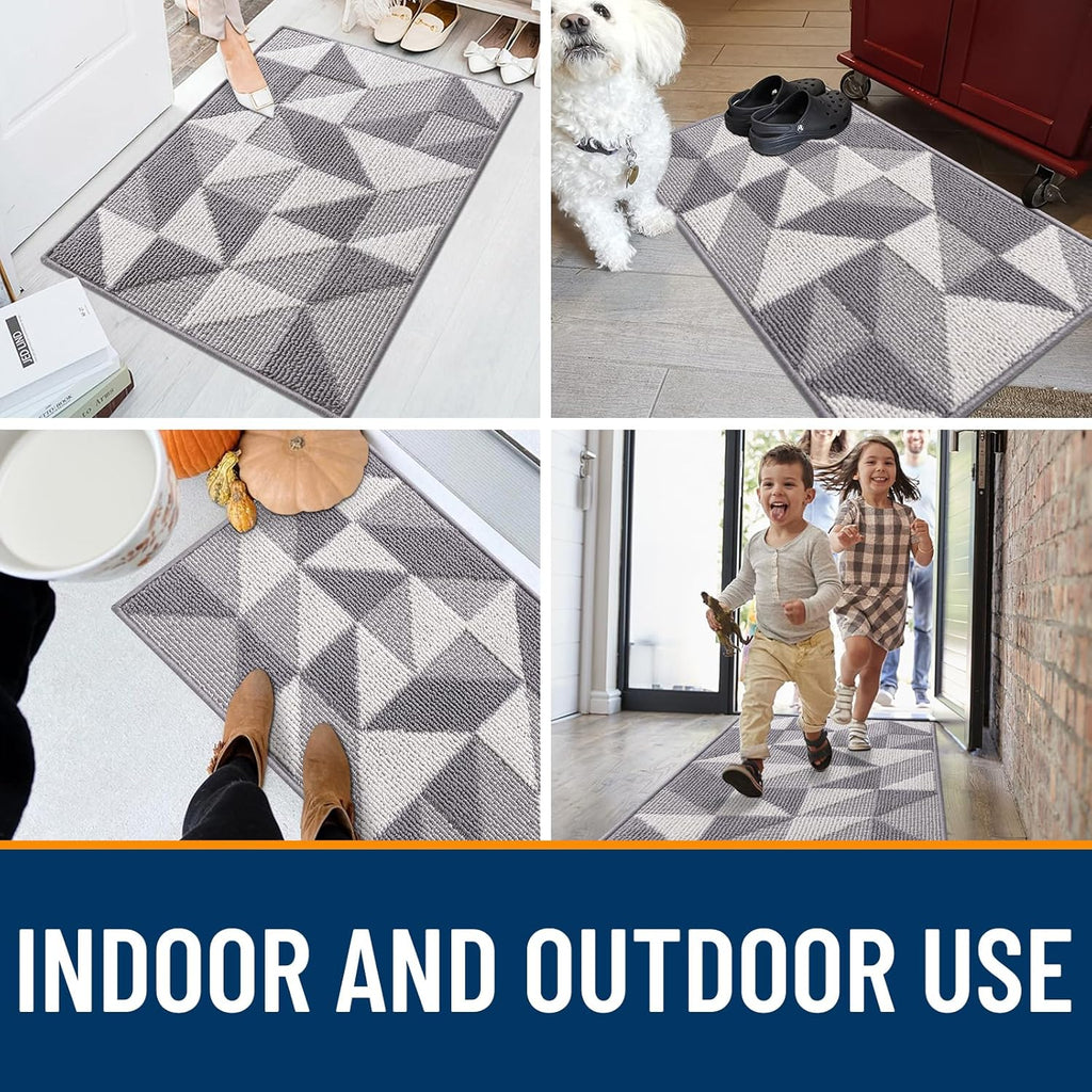 OLANLY Indoor Door Mat - Washable, Low-Profile Geometric Design | 32x20, Odor-Free & Absorbent Grey Entry Carpet