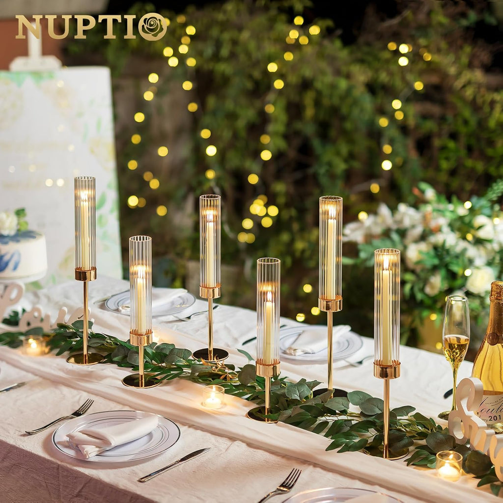 NUPTIO Tall Candlestick Holders - Elegant Hurricane Candle Holders with Ribbed Glass Sleeve | Gold Metal Set of 3 for Table & Fireplace Decor