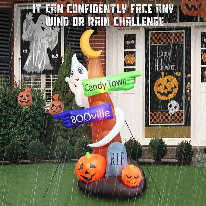 8 Feet Halloween Decoration Dead Tree Road Sign with Flying Ghost Pumpkins RIP Blow Up Lighted Outdoor Spooky Tombstone for Holiday Party Indoor Outside Yard Lawn Garden Decor