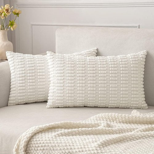 MIULEE Corduroy Decorative Lumbar Pillow Covers - Soft Boho Striped Design, 20x12 Inch, Pure White for Modern Home Decor