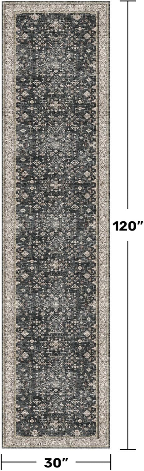 Skiennix Black Washable 10ft Long Runner Rug - Non-Slip Rubber Backing | Boho Vintage Design