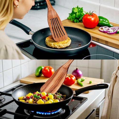 KAQISE Wooden Spatula for Cooking, 2-Piece Teak Wood Spatula Set for Nonstick Pans, Kitchen Utensils with Flat Turner&Slotted Spatula, Heat Resistant Natural Solid Wood Cooking Tools