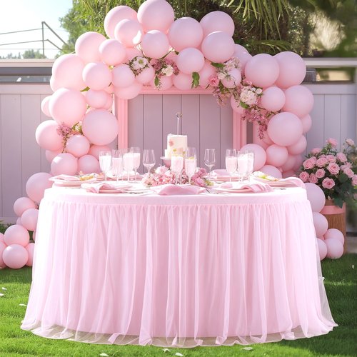 Pink Tulle Round Valentine Table Cloth for 72 Inch Round Tables, Pink Banquet Tablecloth Table Cover, Floor Length Tablecloths, Circle Tutu Tulle Table Cloths Table Skirt for Wedding Party