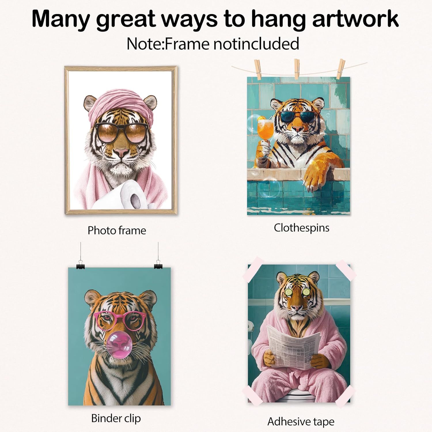 Poecinvi Pink Tiger Bathroom Wall Art Prints - Trendy Animal Decor Set of 4 | 8x10 Unframed