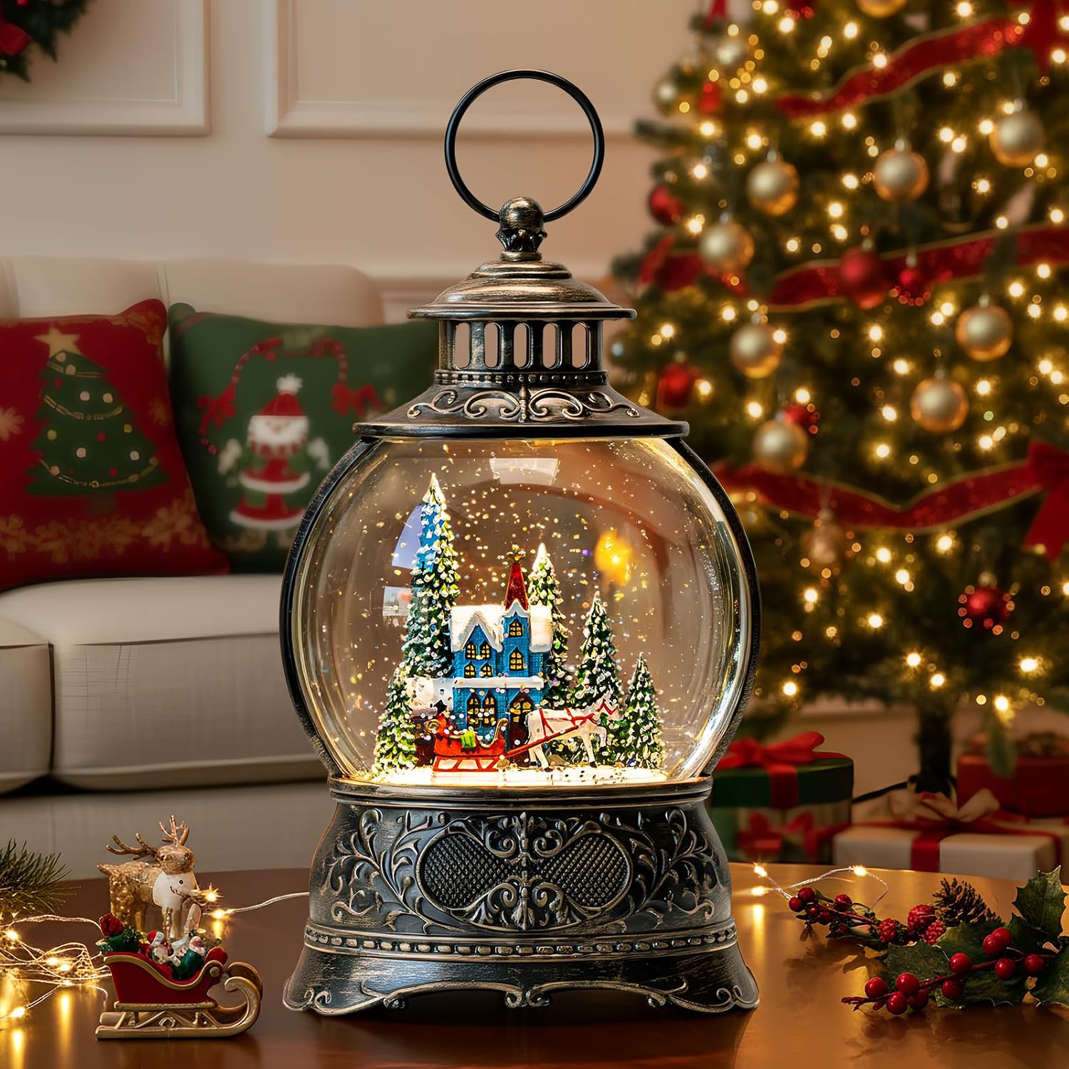 Regine Switzerland Christmas Snow Globe - Musical Water Lantern with Timer & USB/Battery Operated | Blue Church Design