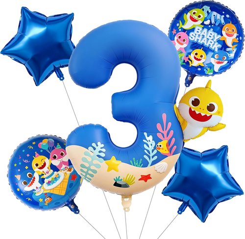 **PartyWoo Baby Shark Blue Foil Number 3 Balloon - 5pcs 18 Inch Round Mylar Helium Decorations for Kids' Birthday**