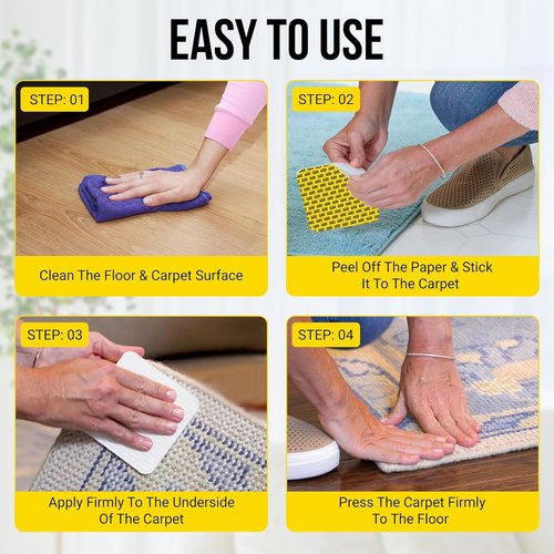 Alien Grip Carpet Tape | 12pcs Anti-Slip Rug Gripper - 4x4 in. Double-Sided, No Damage, Reusable