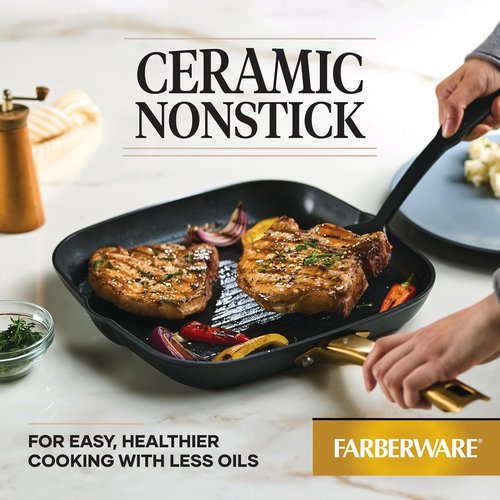 Farberware Forged Induction Ceramic Cookware | Nonstick 11-Inch Square Grill Pan - Black & Gold, Dishwasher Safe