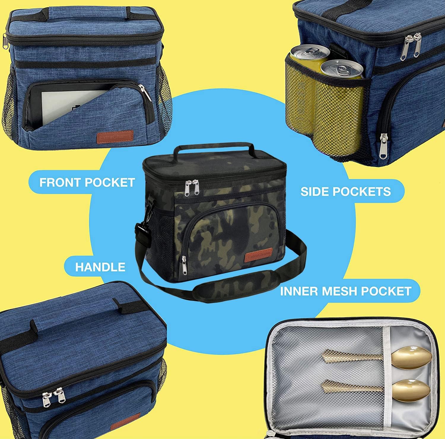 ExtraCharm Insulated Lunch Bag for Women/Men - Reusable Lunch Box for Office Picnic Hiking Beach - Leakproof Cooler Tote Bag Organizer with Adjustable Shoulder Strap for Adults-Black Camo