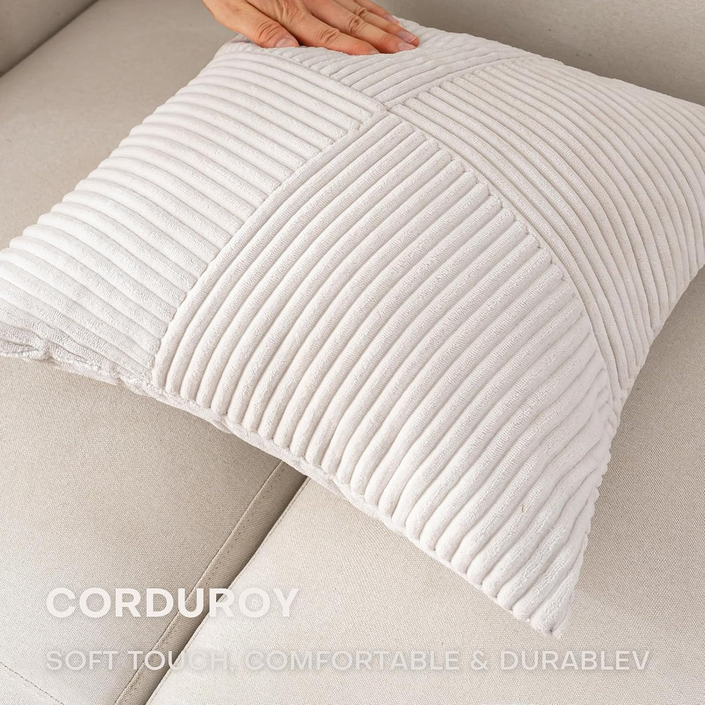 Skiennix Decorative Throw Pillow Covers - Soft Corduroy Striped Patchwork | 18x18 Inch Set of 2 for Boho Farmhouse Decor