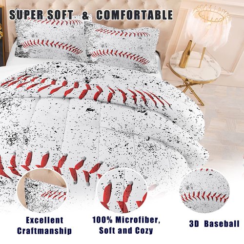 NINENINE Baseball Bedding Sets Full Size Sports Bedding Sets for Boys 5PCS Teen Boy Bedding White Comforter Sets(1Comforter, 1Flat Sheet, 1Fitted Sheet, 2Pillowcases)