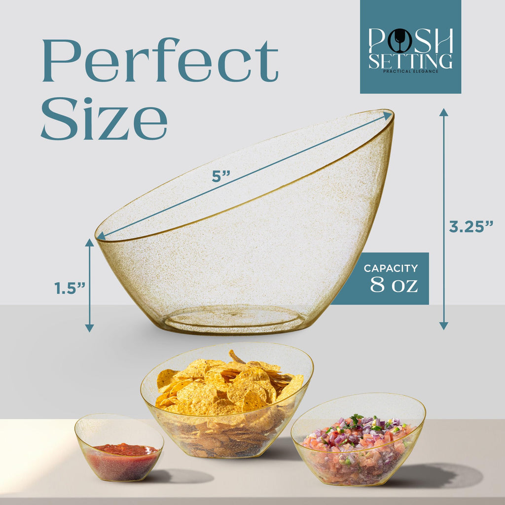 Posh Setting Gold Plastic Serving Bowls - Angled, Disposable for Chips, Candy, Salad, Fruit - Wedding and Party Table - Gold Glitter, 8 OZ, 5 Pack