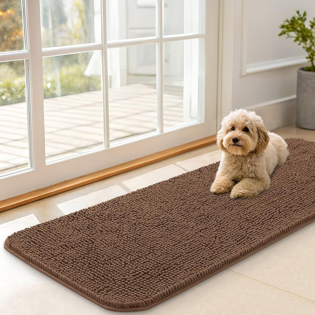 OLANLY Dog Door Mat - Absorbent Non-Slip Chenille for Muddy Paws | 47x17 Mocha Indoor Entryway Carpet